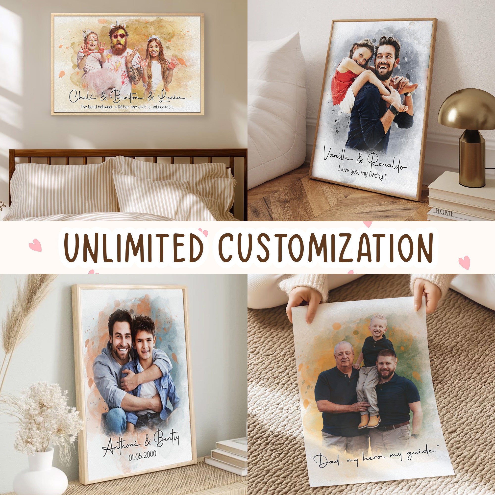 Custom Dad Portrait Canvas from Photo – Watercolor Father’s Day Wall Art Gift