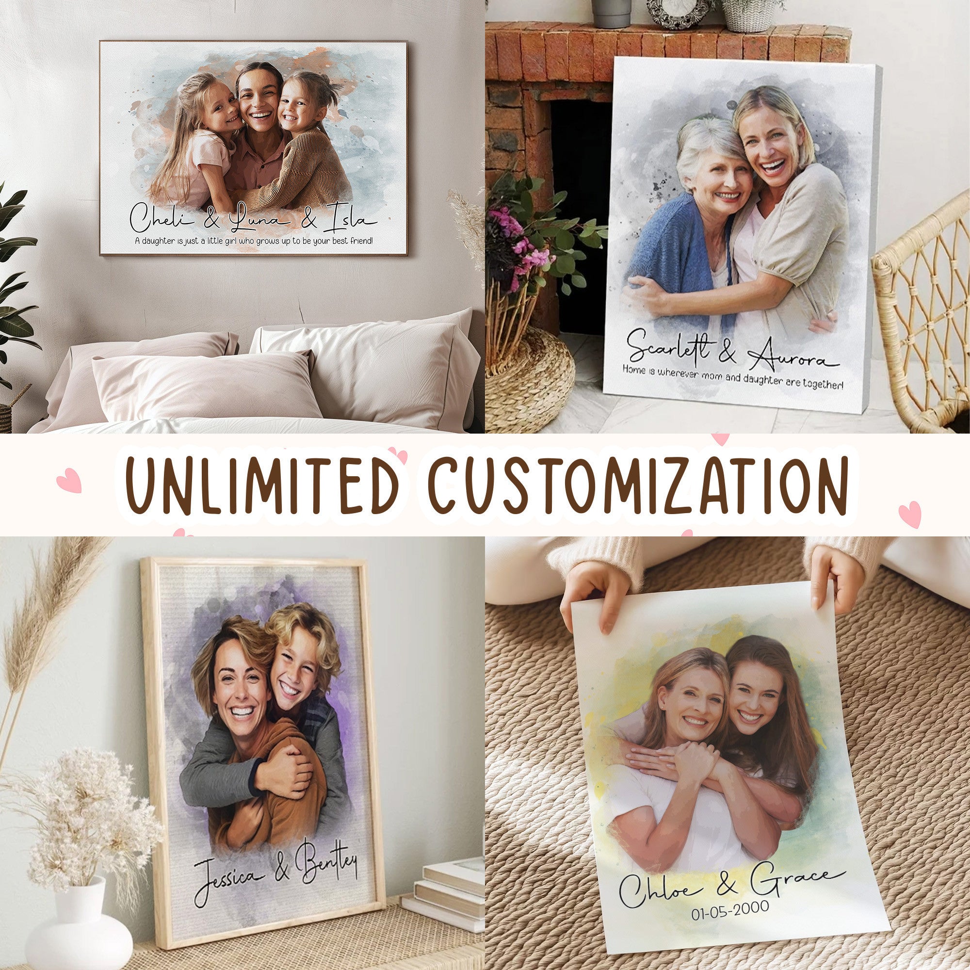 Personalized Watercolor Mom Portrait Canvas from Photo - Custom Mother’s Day Wall Art Gift