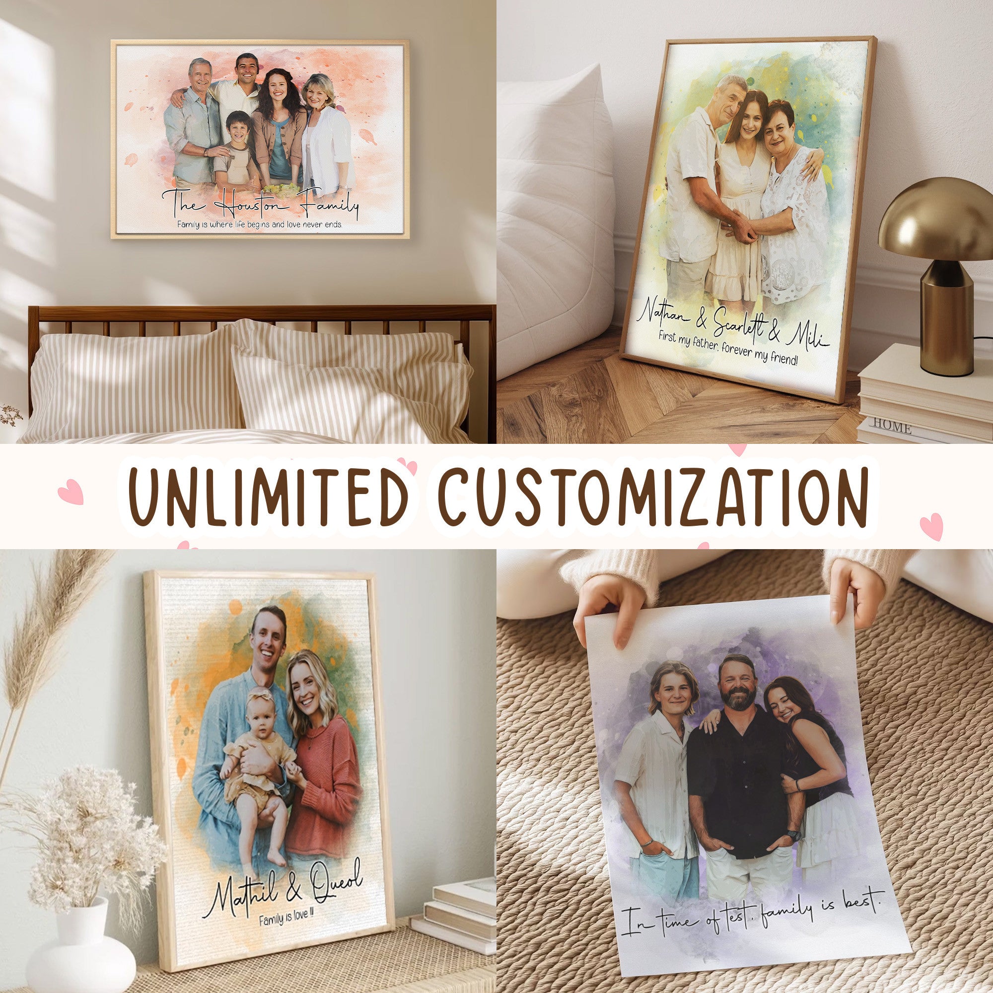 Personalized Watercolor Family Portrait Canvas - Custom Family Name & Est Year Wall Art - Meaningful Anniversary Gift