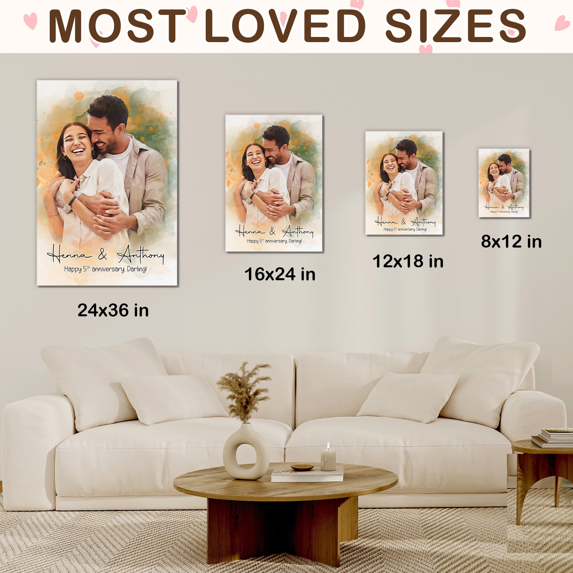 Personalized Watercolor Couple Portrait Canvas from Photo – Custom Couple Wall Art for Anniversary