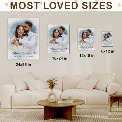 Custom Photo Watercolor Couple Portrait Together Since [Year] - Personalized Wrapped Canvas