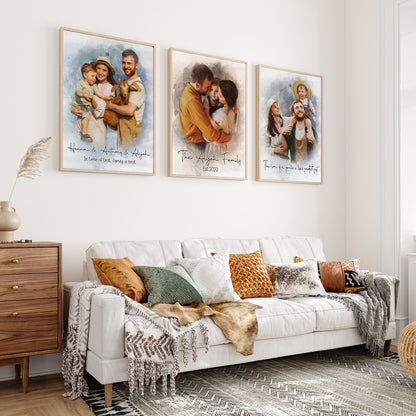 Custom Photo Watercolor Family Portrait with Last Name & Est Year Canvas - Personalized Wall Art