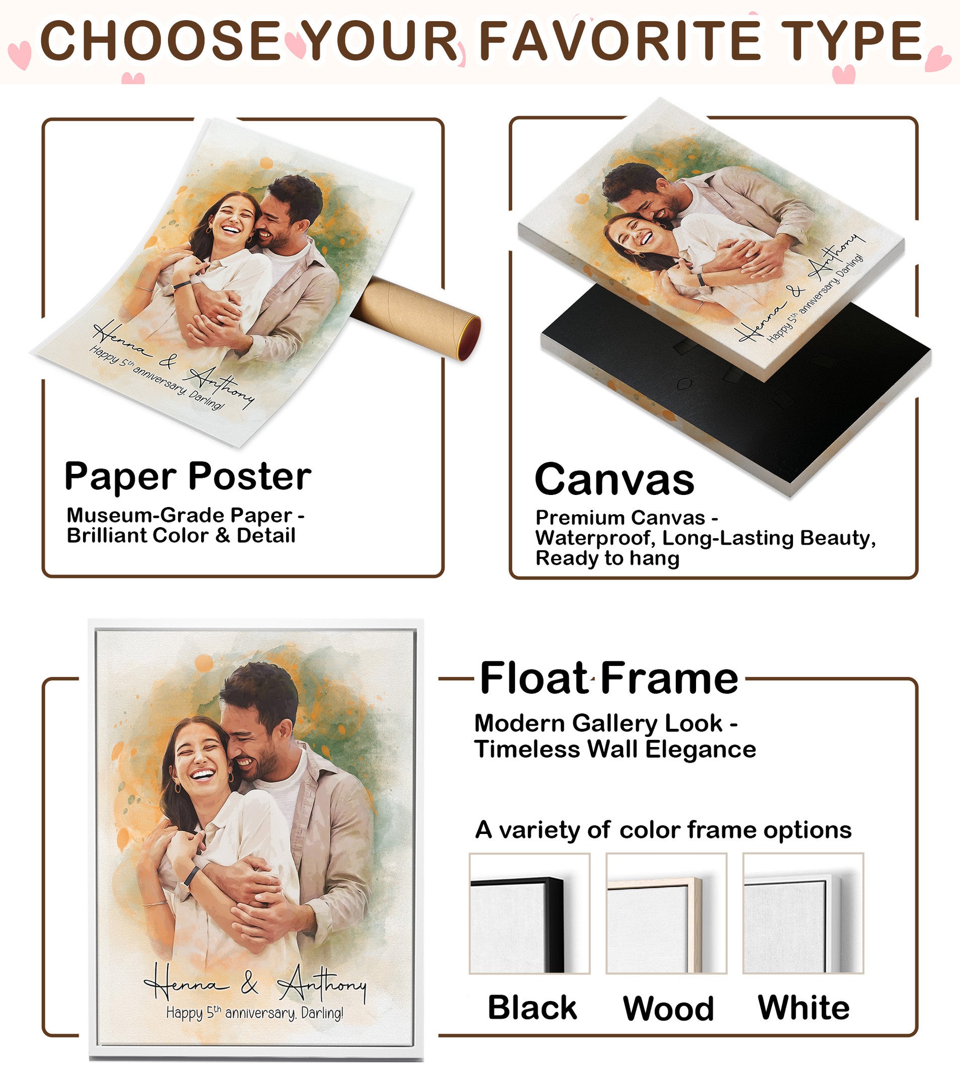 Personalized Watercolor Couple Portrait Canvas from Photo – Custom Couple Wall Art for Anniversary