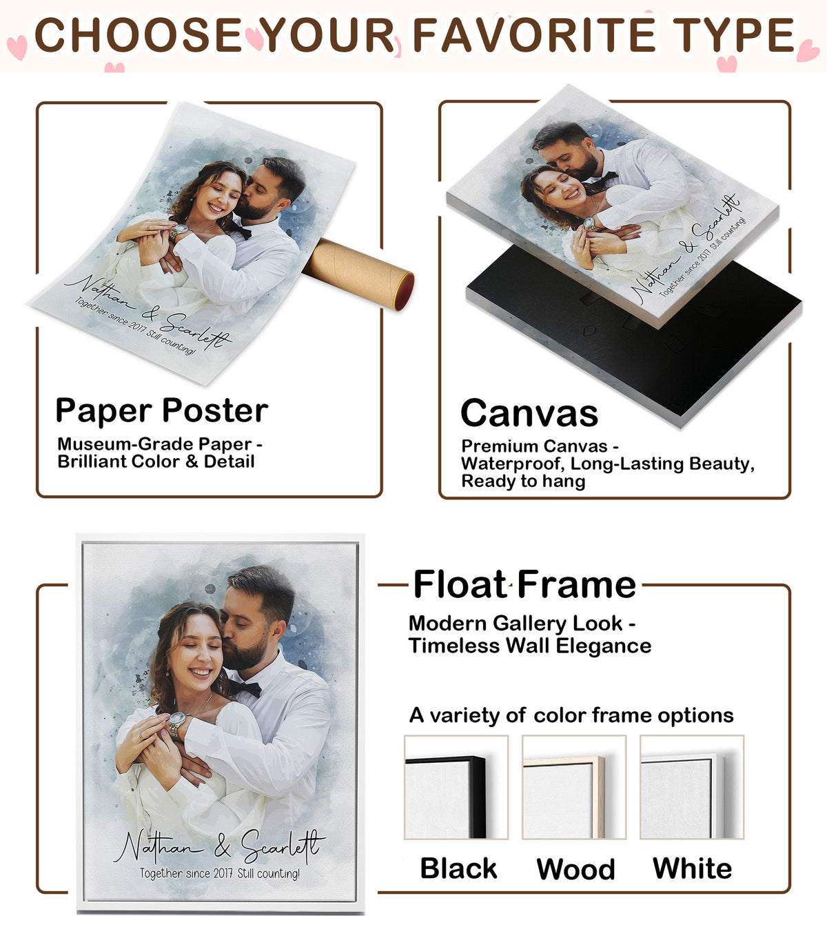 Custom Photo Watercolor Couple Portrait Together Since [Year] - Personalized Wrapped Canvas