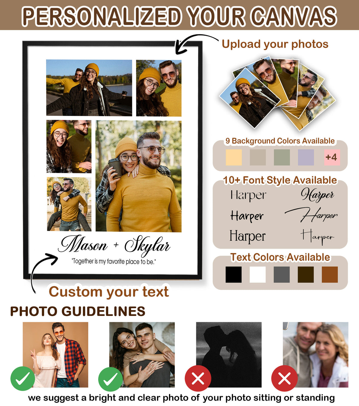 Custom Photo Couple Collage with 5 Photos & Quote - Personalized Wrapped Canvas