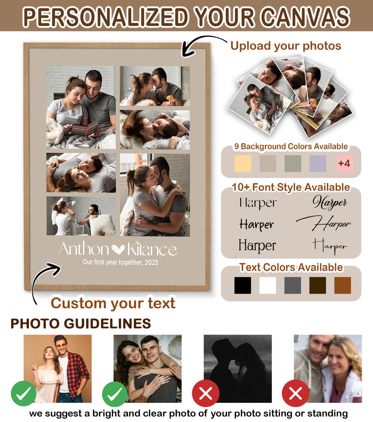 Custom Photo Couple Collage with 6 Photos & Quote - Personalized Wrapped Canvas