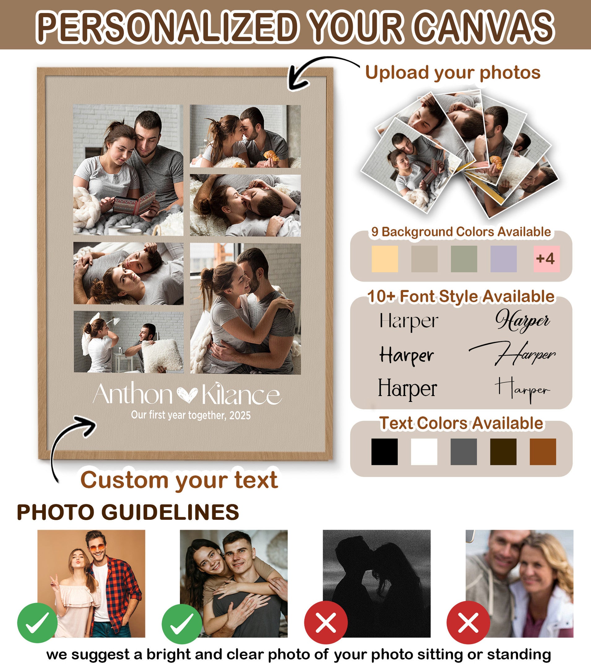 Personalized 6 Photo Collage Canvas for Couples – Custom Photo Wall Art from Your Pictures