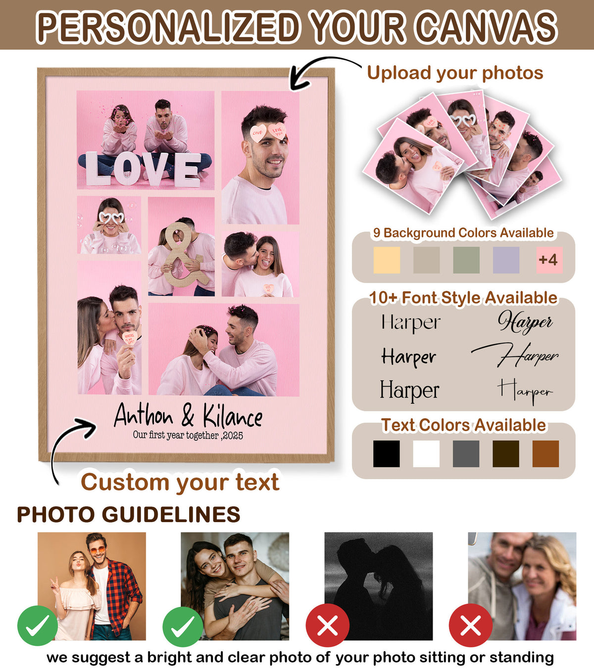 Custom Photo Couple Collage with 7 Photos & Quote - Personalized Wrapped Canvas