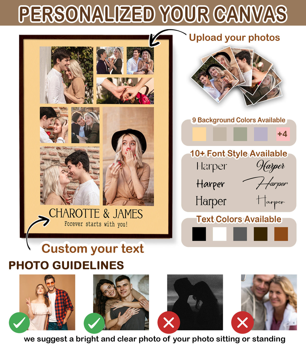Custom Photo Couple Collage with 8 Photos & Quote - Personalized Wrapped Canvas