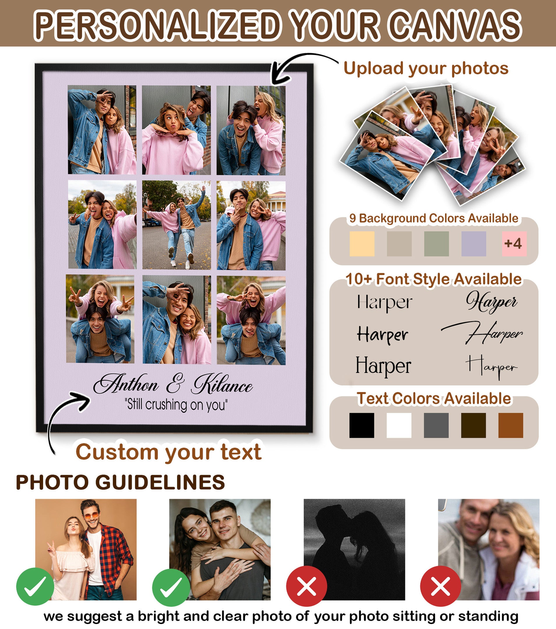 Personalized 9 Photo Collage Canvas for Couples – Custom Photo Wall Art from Your Pictures