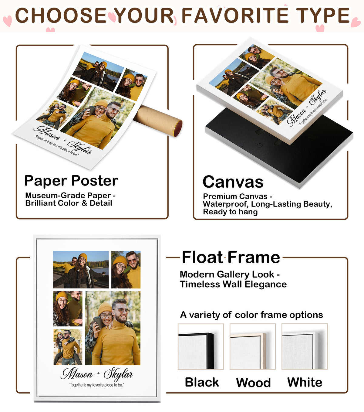 Custom Photo Couple Collage with 5 Photos & Quote - Personalized Wrapped Canvas