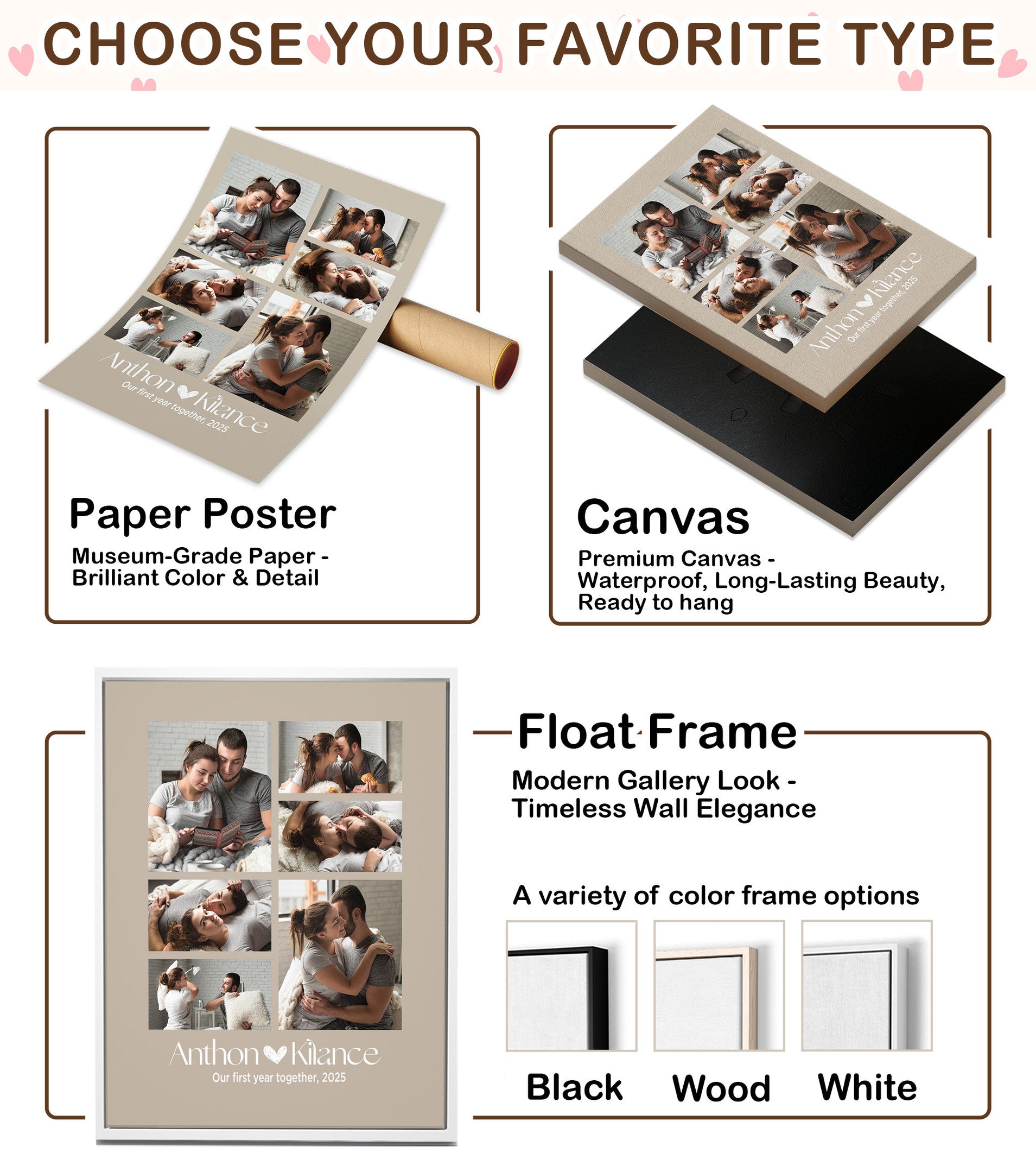 Personalized 6 Photo Collage Canvas for Couples – Custom Photo Wall Art from Your Pictures