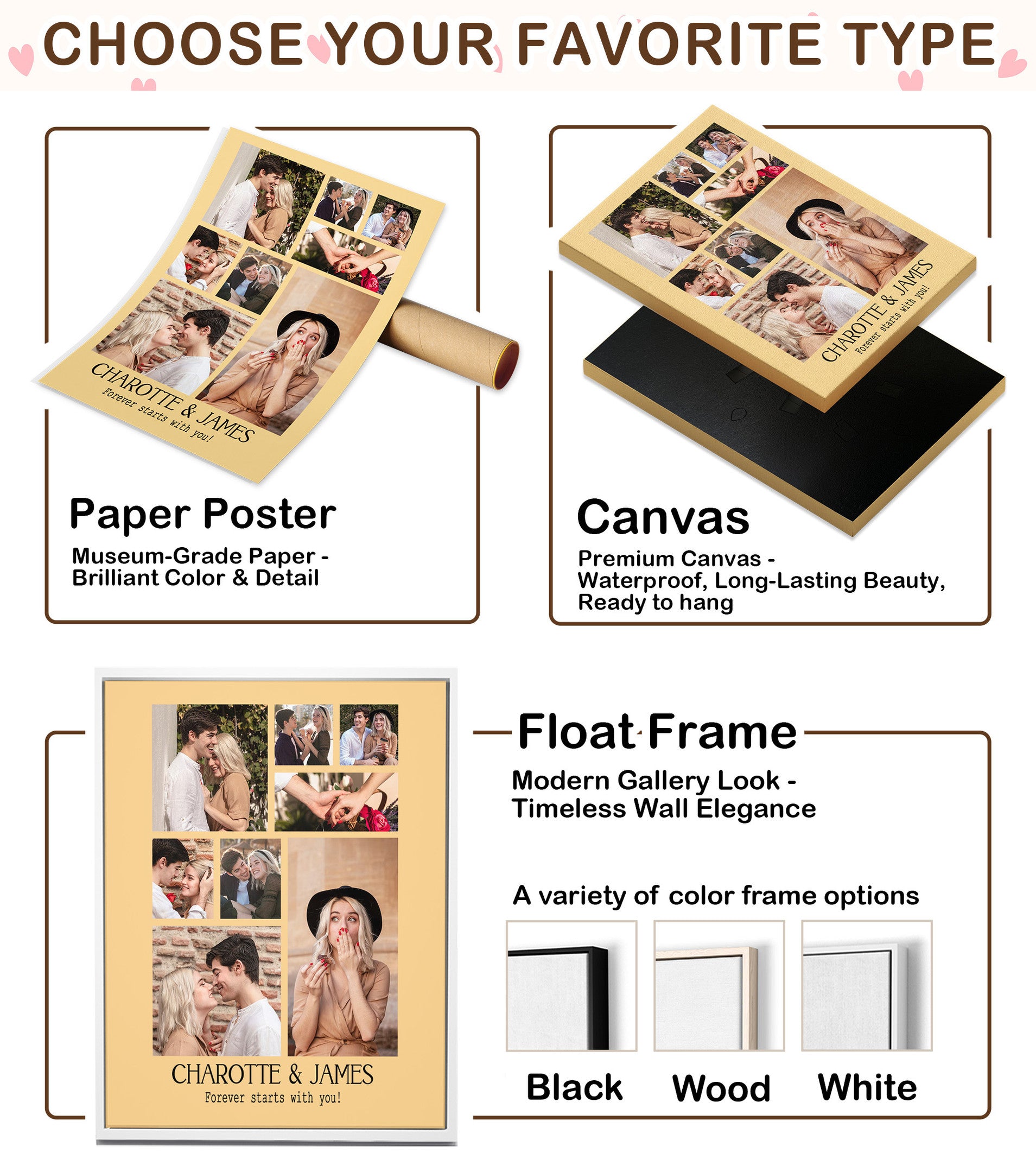 Personalized 8 Photo Collage Canvas for Couples – Custom Photo Wall Art from Your Pictures