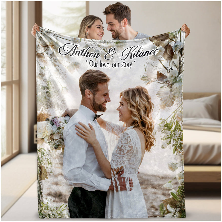 Custom Photo Floral Frame Couple Portrait With Names & Quote - Personalized Blanket