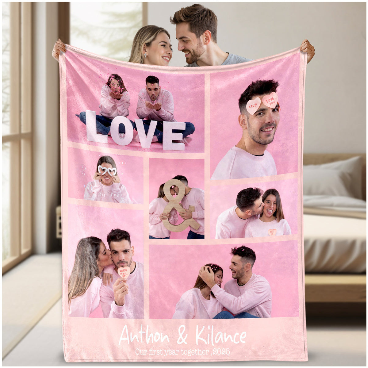 Custom Photo Blanket With Text Picture Collage For Couple Girlfriend Boyfriend Husband Wife, Customized Sherpa Fleece Co