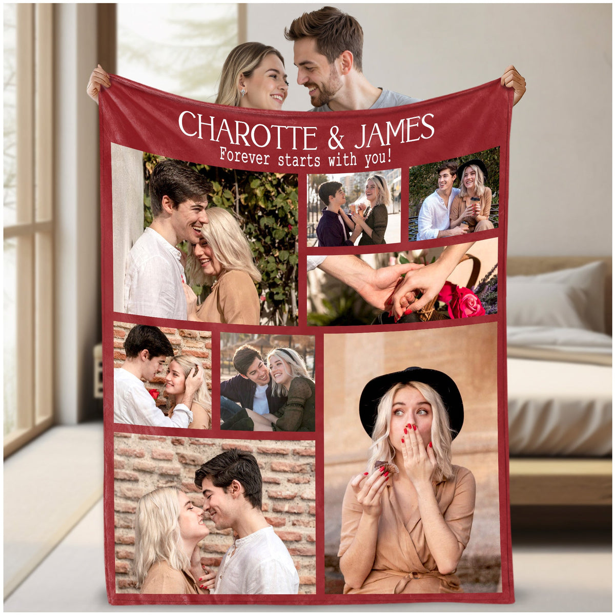 Custom Photo Blanket With Text Picture Collage For Couple Girlfriend Boyfriend Husband Wife, Customized Sherpa Fleece Co