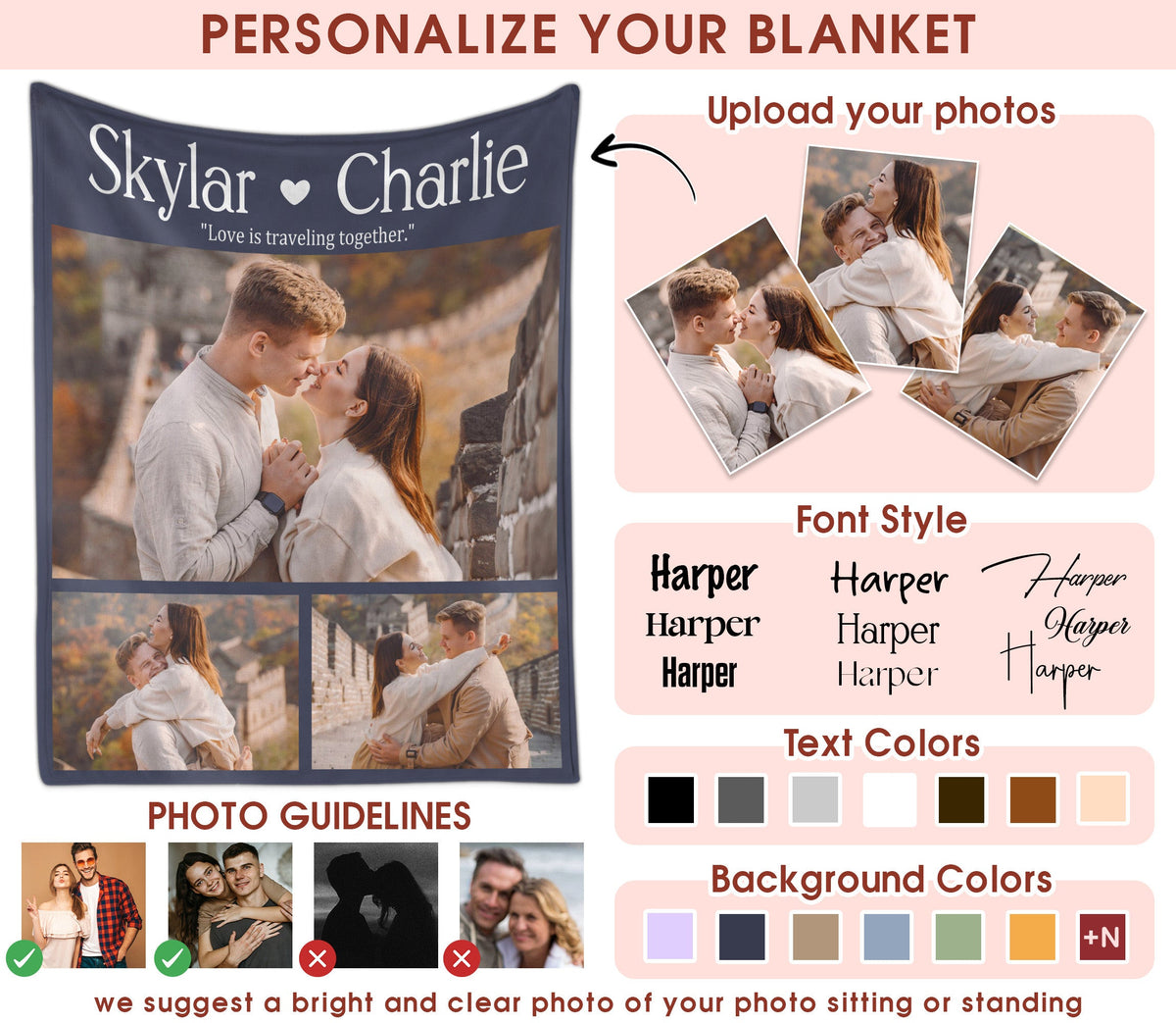 Custom Photo Blanket With Text Picture Collage For Couple Girlfriend Boyfriend Husband Wife, Customized Sherpa Fleece Co
