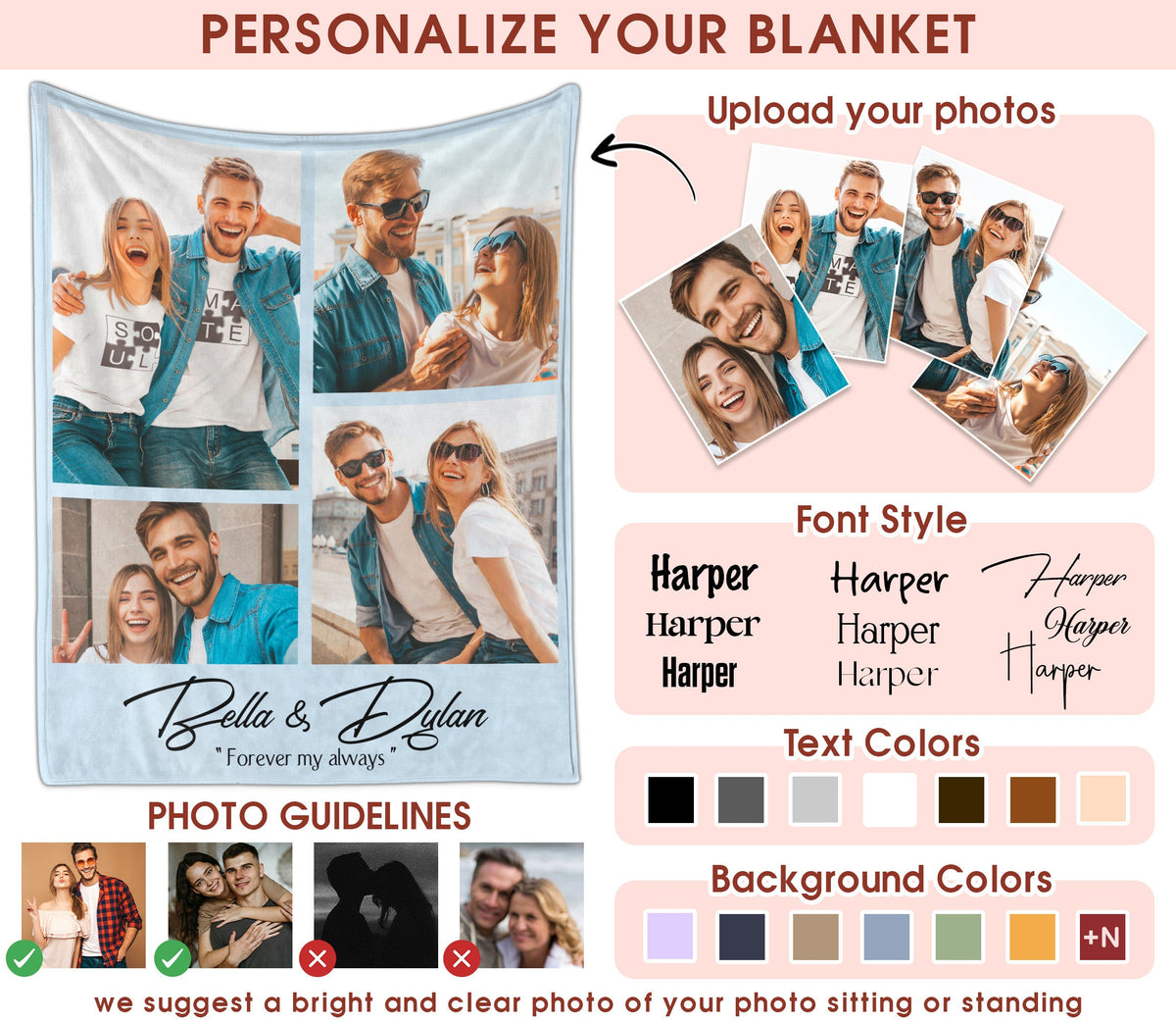 Custom Photo Blanket With Text Picture Collage For Couple Girlfriend Boyfriend Husband Wife, Customized Sherpa Fleece Co