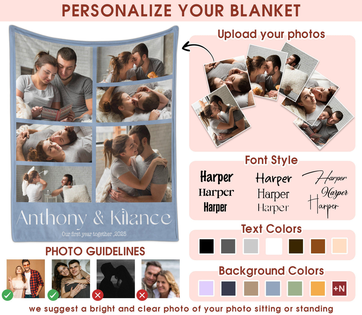 Custom Photo Blanket With Text Picture Collage For Couple Girlfriend Boyfriend Husband Wife, Customized Sherpa Fleece Co