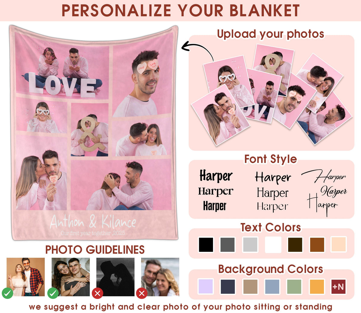 Custom Photo Blanket With Text Picture Collage For Couple Girlfriend Boyfriend Husband Wife, Customized Sherpa Fleece Co