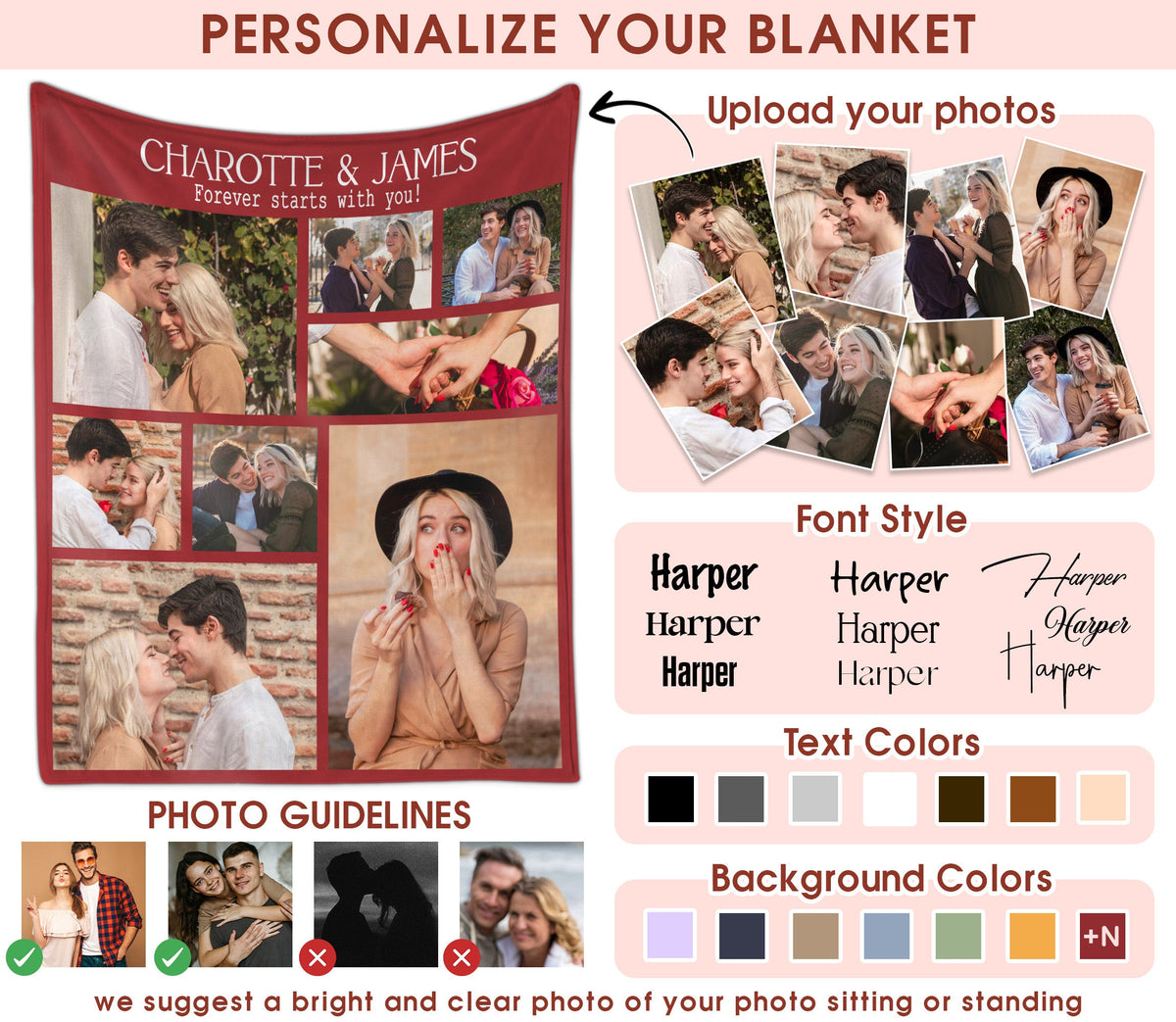 Custom Photo Blanket With Text Picture Collage For Couple Girlfriend Boyfriend Husband Wife, Customized Sherpa Fleece Co