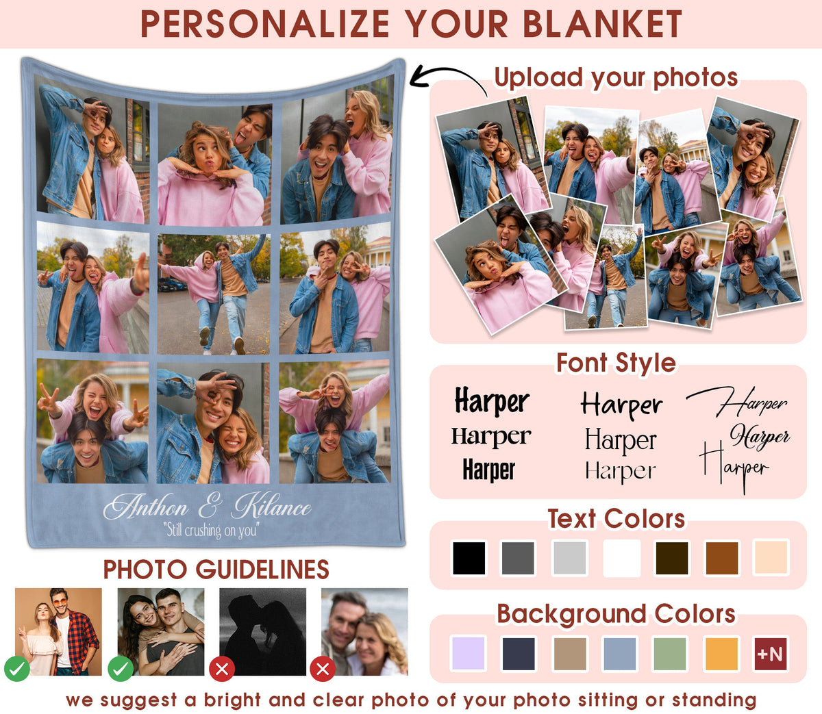 Custom Photo Blanket With Text Picture Collage For Couple Girlfriend Boyfriend Husband Wife, Customized Sherpa Fleece Co