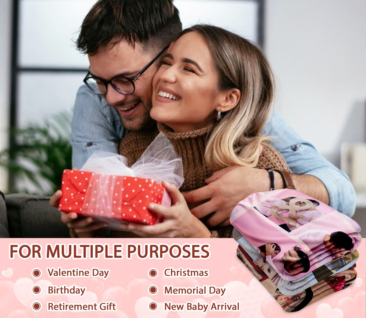 Custom Photo Blanket With Text Picture Collage For Couple Girlfriend Boyfriend Husband Wife, Customized Sherpa Fleece Co