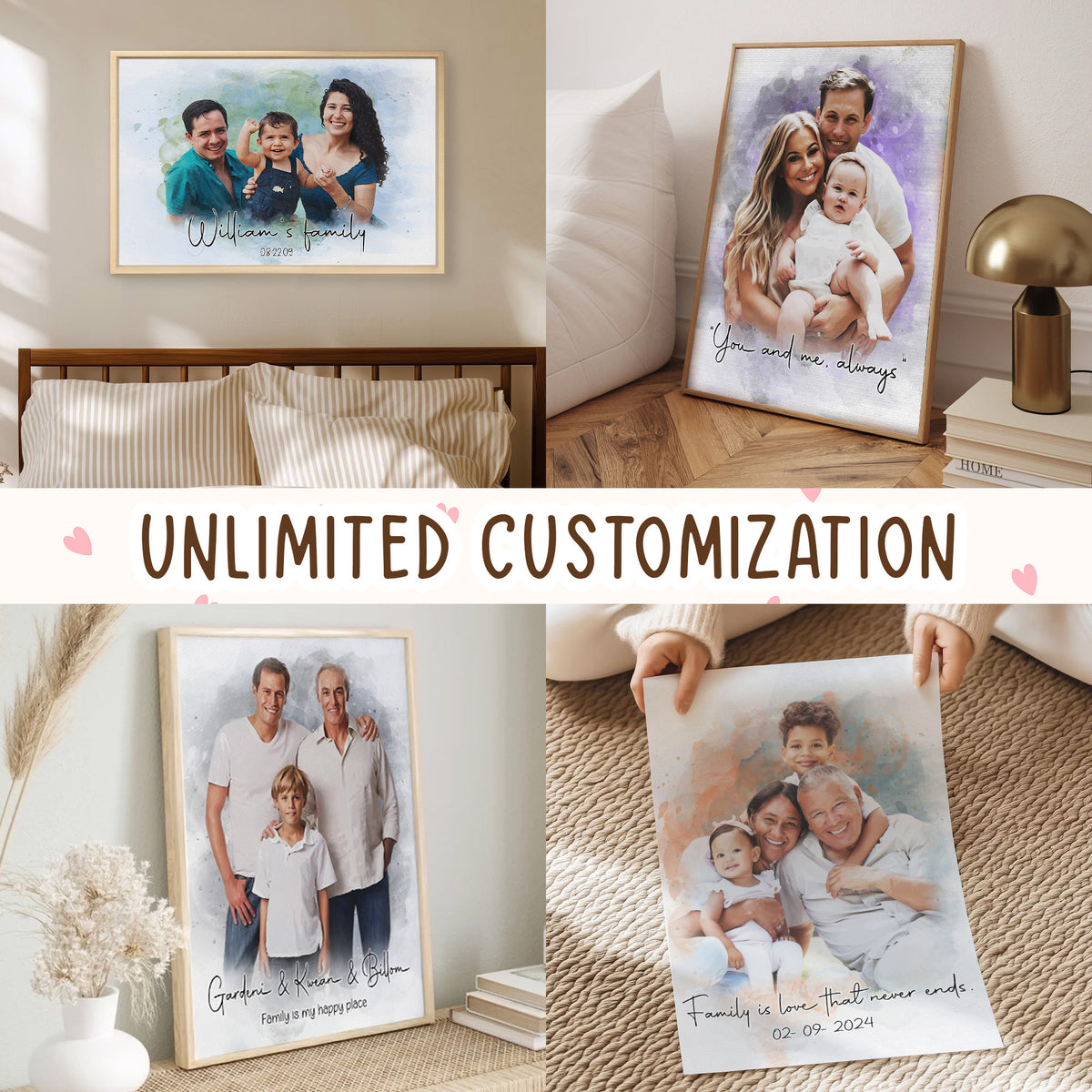 Custom Photo Watercolor Family Portrait with Family Name & Est Year Canvas - Personalized Wall Art