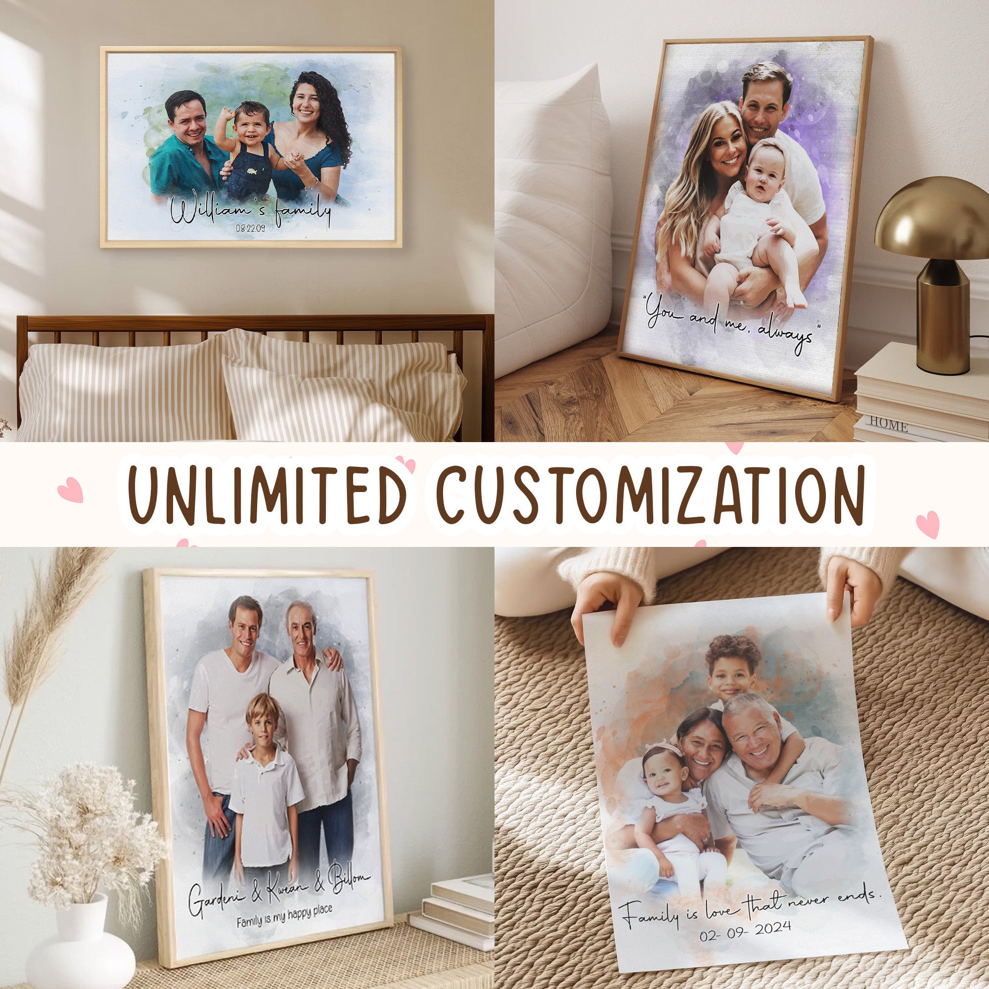 Custom Family Name Portrait Canvas - Personalized Watercolor Family Art - Meaningful Gift for Wife