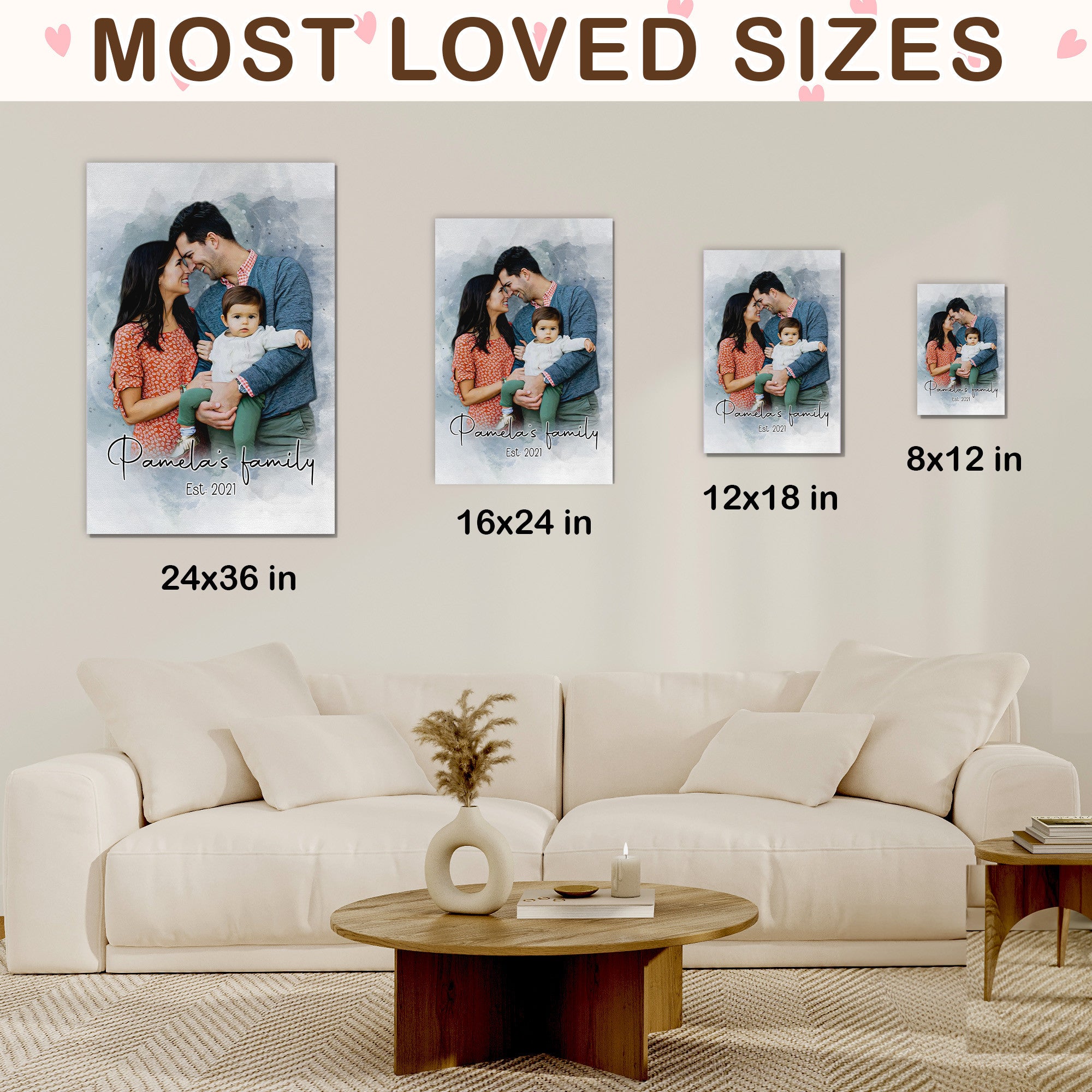 Custom Family Name Portrait Canvas - Personalized Watercolor Family Art - Meaningful Gift for Wife