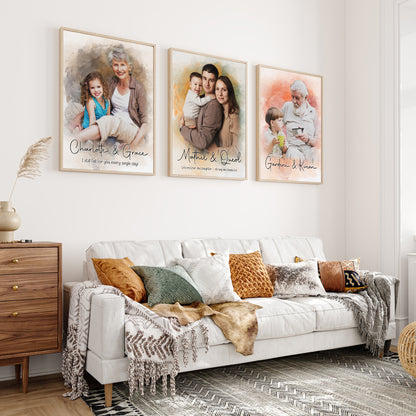 Custom Photo Watercolor Family Portrait with Family Name & Est Year Canvas - Personalized Wall Art