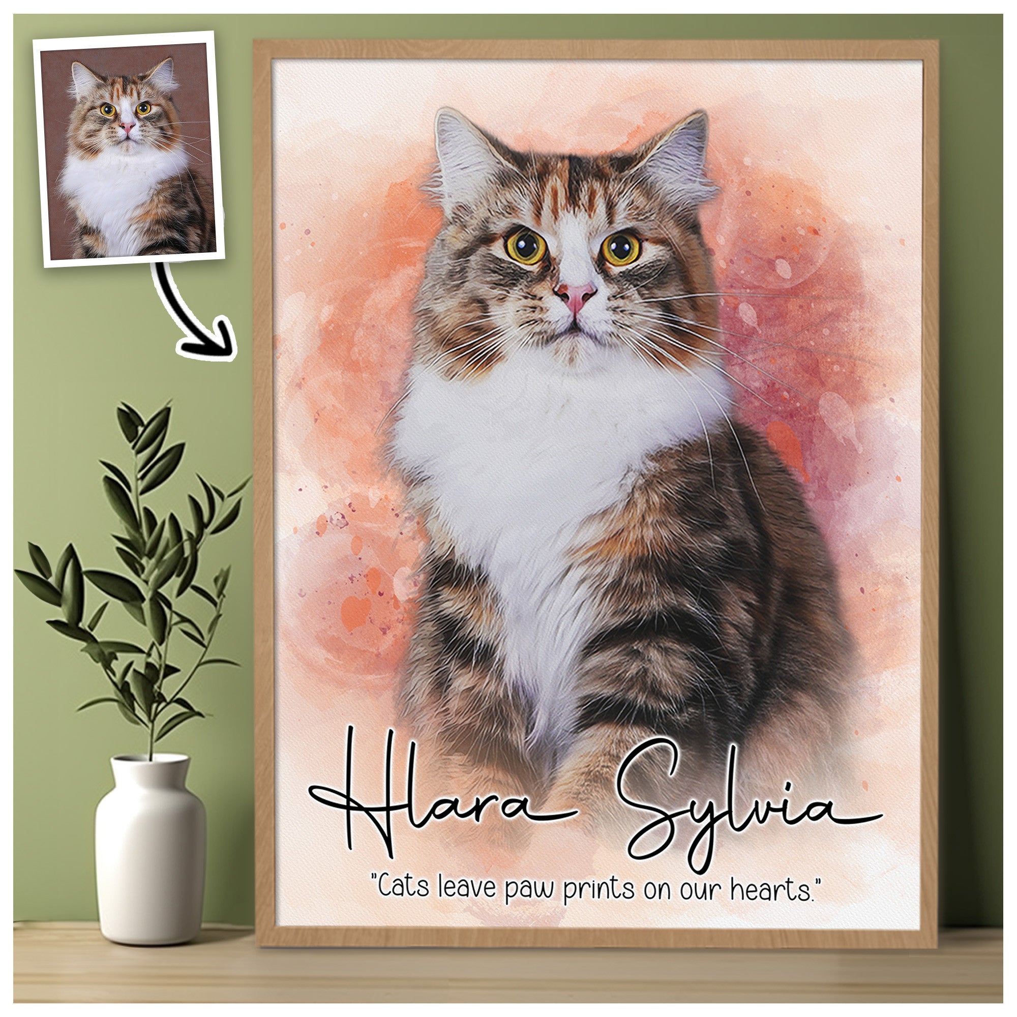 Personalized Watercolor Cat Portrait Canvas from Photo – Custom Wall Art Gift For Cat Lovers