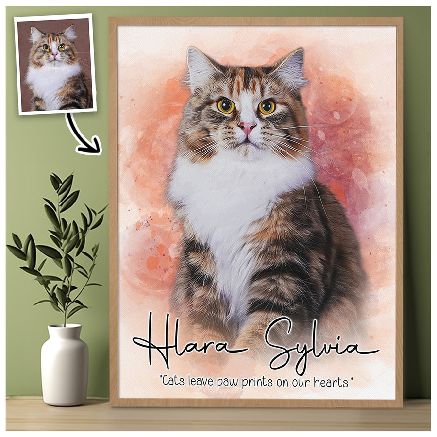 Custom Watercolor Cat Portrait from Photo with Names & Paw Prints on Our Hearts Canvas - Personalized Wall Art