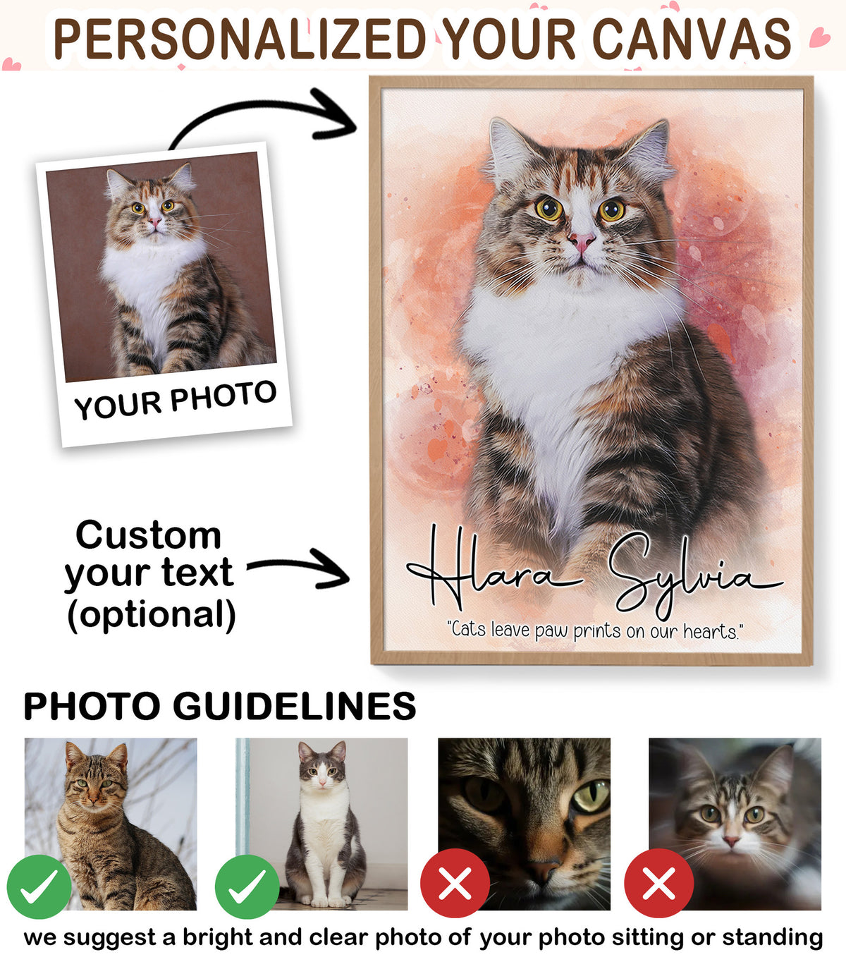Custom Watercolor Cat Portrait from Photo with Names & Paw Prints on Our Hearts Canvas - Personalized Wall Art