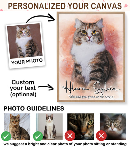 Custom Watercolor Cat Portrait from Photo with Names & Paw Prints on Our Hearts Canvas - Personalized Wall Art