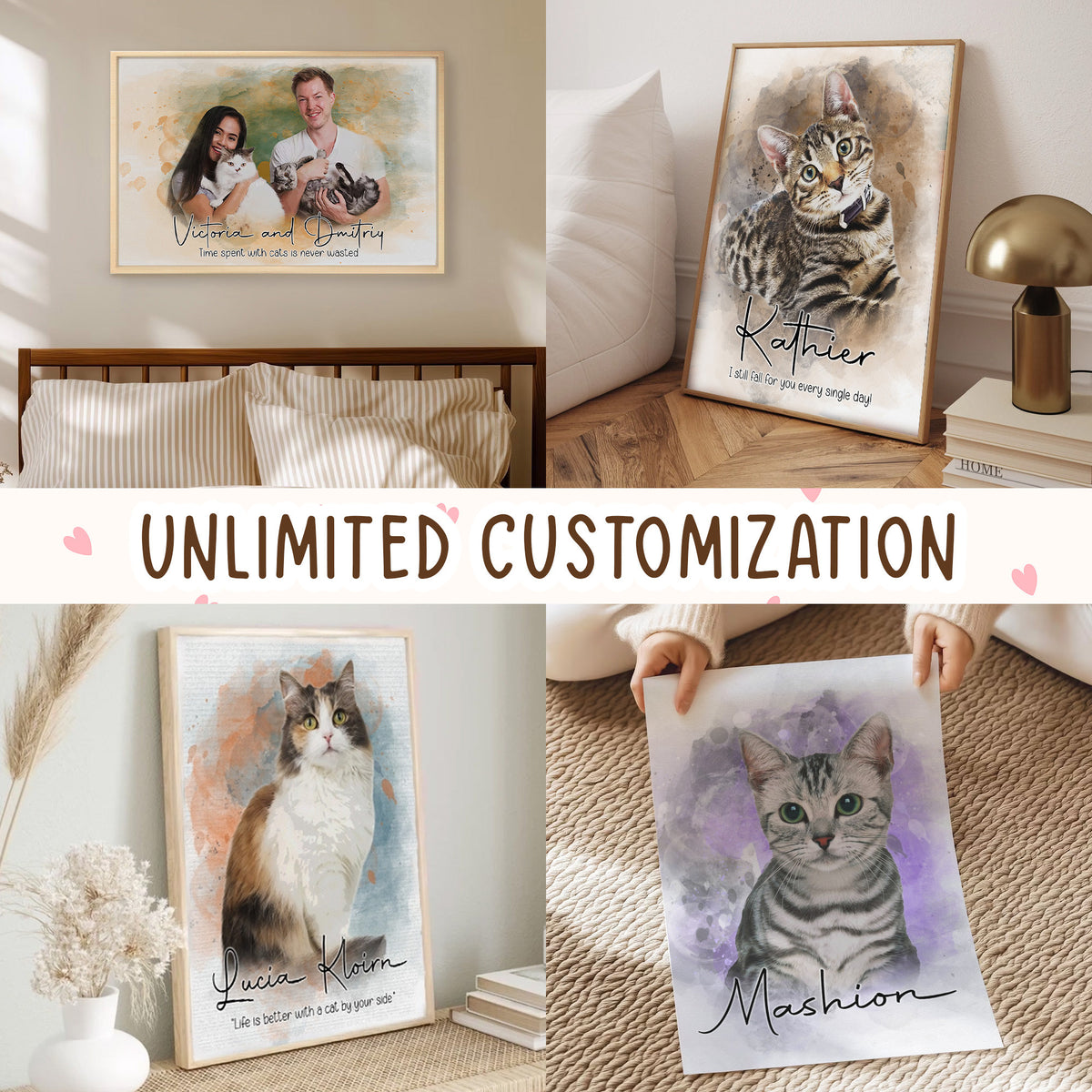 Custom Watercolor Cat Portrait from Photo with Names & Paw Prints on Our Hearts Canvas - Personalized Wall Art
