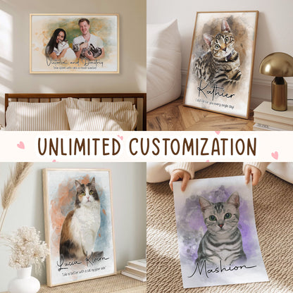 Custom Watercolor Cat Portrait from Photo with Names & Paw Prints on Our Hearts Canvas - Personalized Wall Art