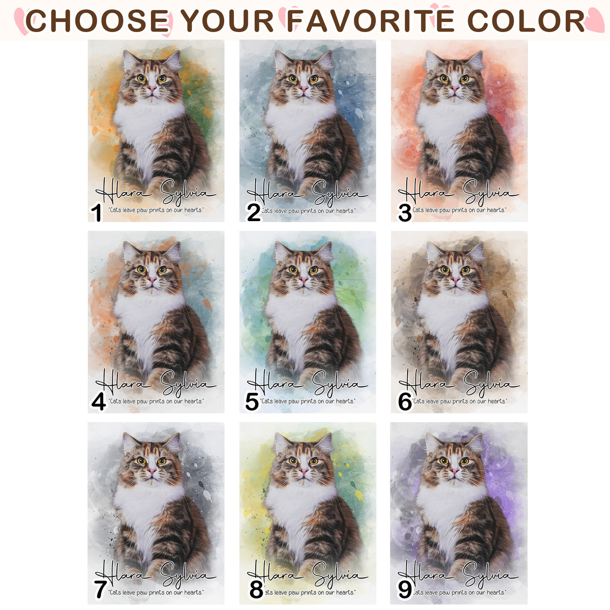 Custom Watercolor Cat Portrait from Photo with Names & Paw Prints on Our Hearts Canvas - Personalized Wall Art