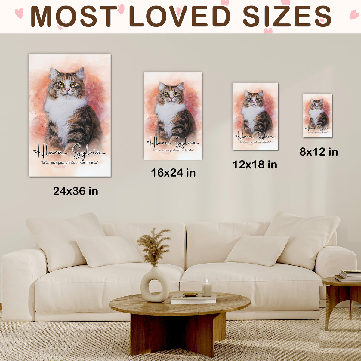 Custom Watercolor Cat Portrait from Photo with Names & Paw Prints on Our Hearts Canvas - Personalized Wall Art