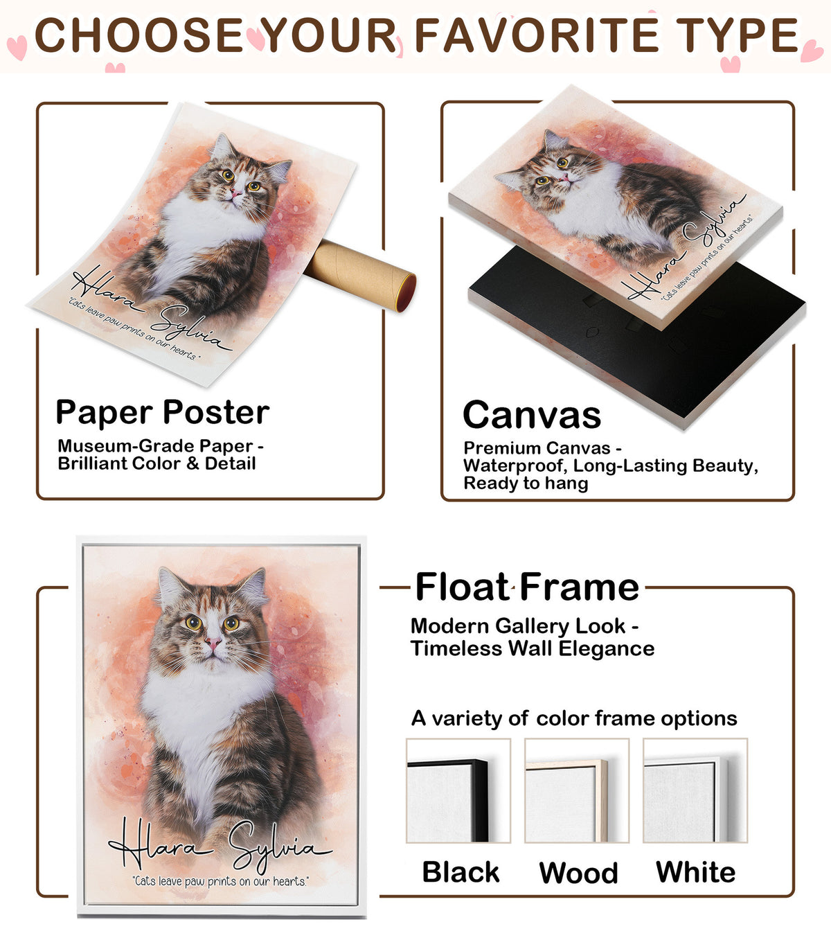 Custom Watercolor Cat Portrait from Photo with Names & Paw Prints on Our Hearts Canvas - Personalized Wall Art