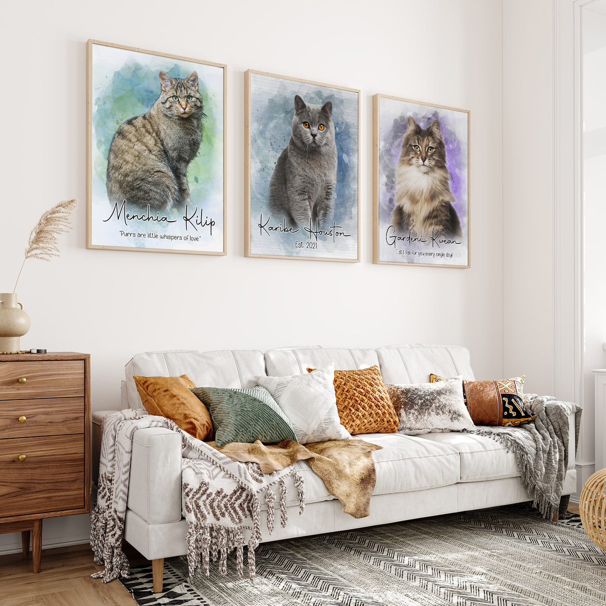 Custom Watercolor Cat Portrait from Photo with Names & Paw Prints on Our Hearts Canvas - Personalized Wall Art