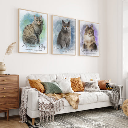 Custom Watercolor Cat Portrait from Photo with Names & Paw Prints on Our Hearts Canvas - Personalized Wall Art