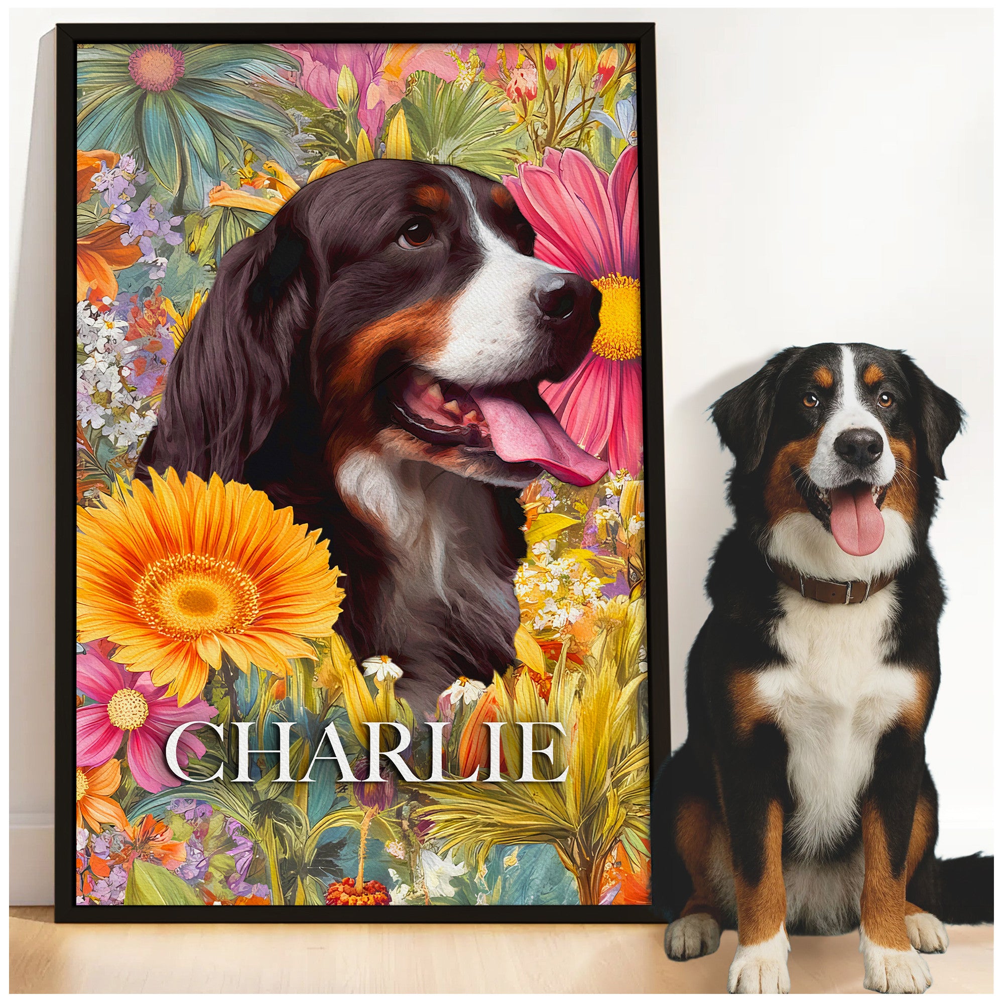 Personalized Floral Pet Portrait Canvas from Photo – Colorful Watercolor Dog Art for Home Decor