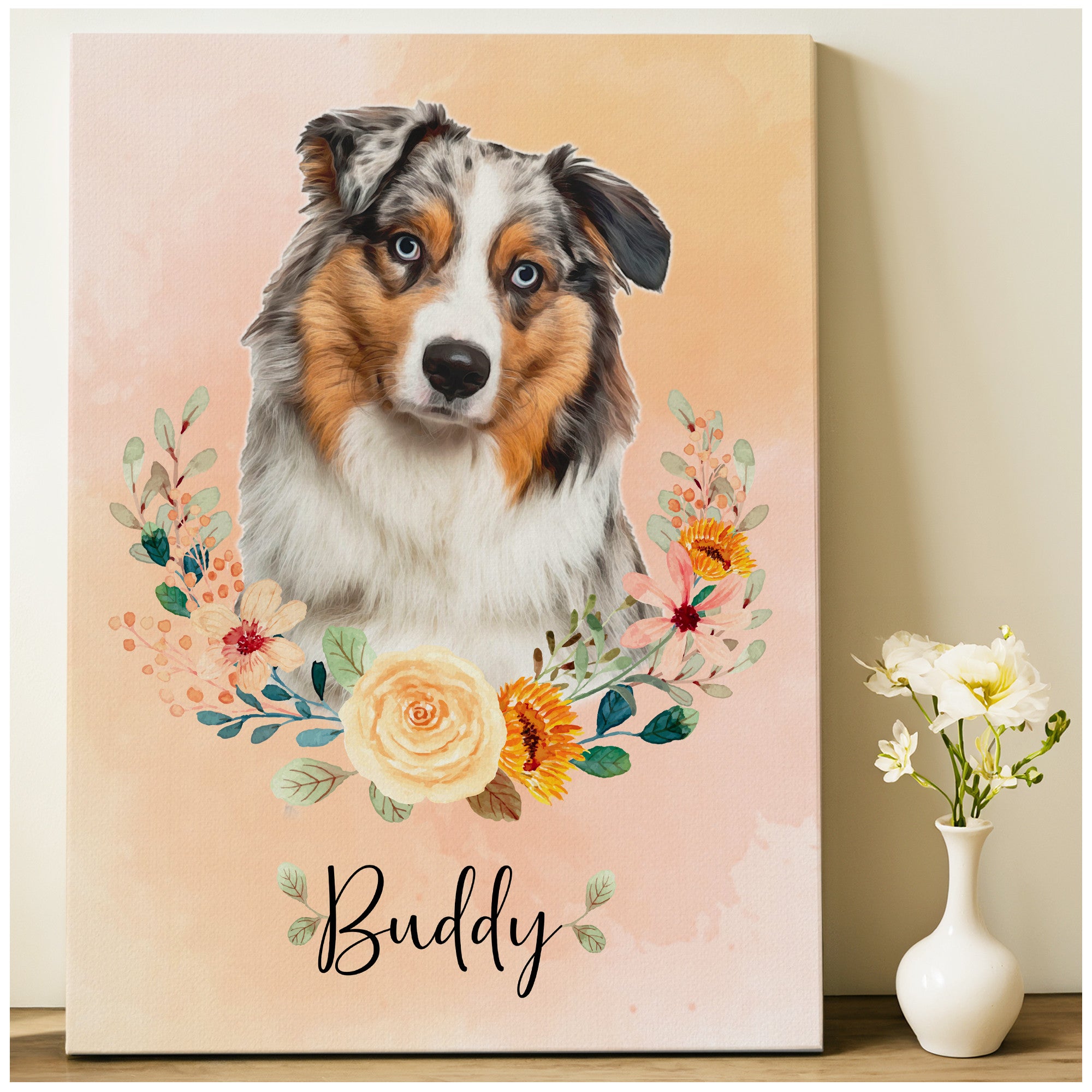 Personalized Floral Pet Portrait Canvas from Photo – Watercolor Dog Art for Dog Lovers