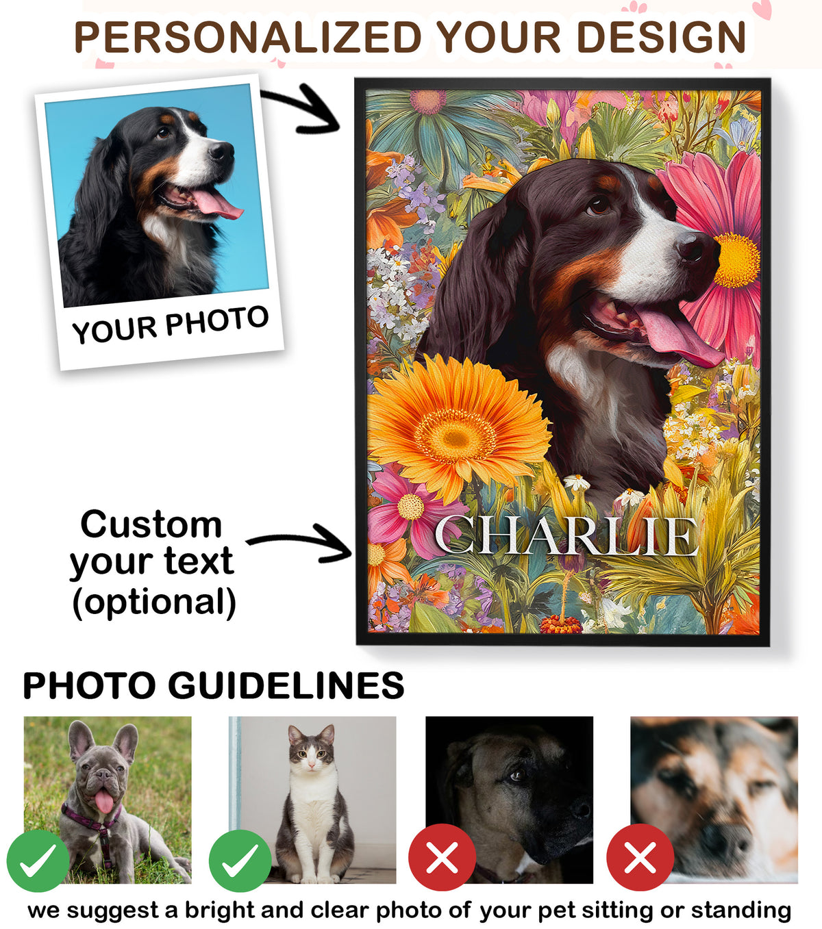 Custom Dog Portrait from Photo Sunflower with Name Canvas - Personalized Wall Art