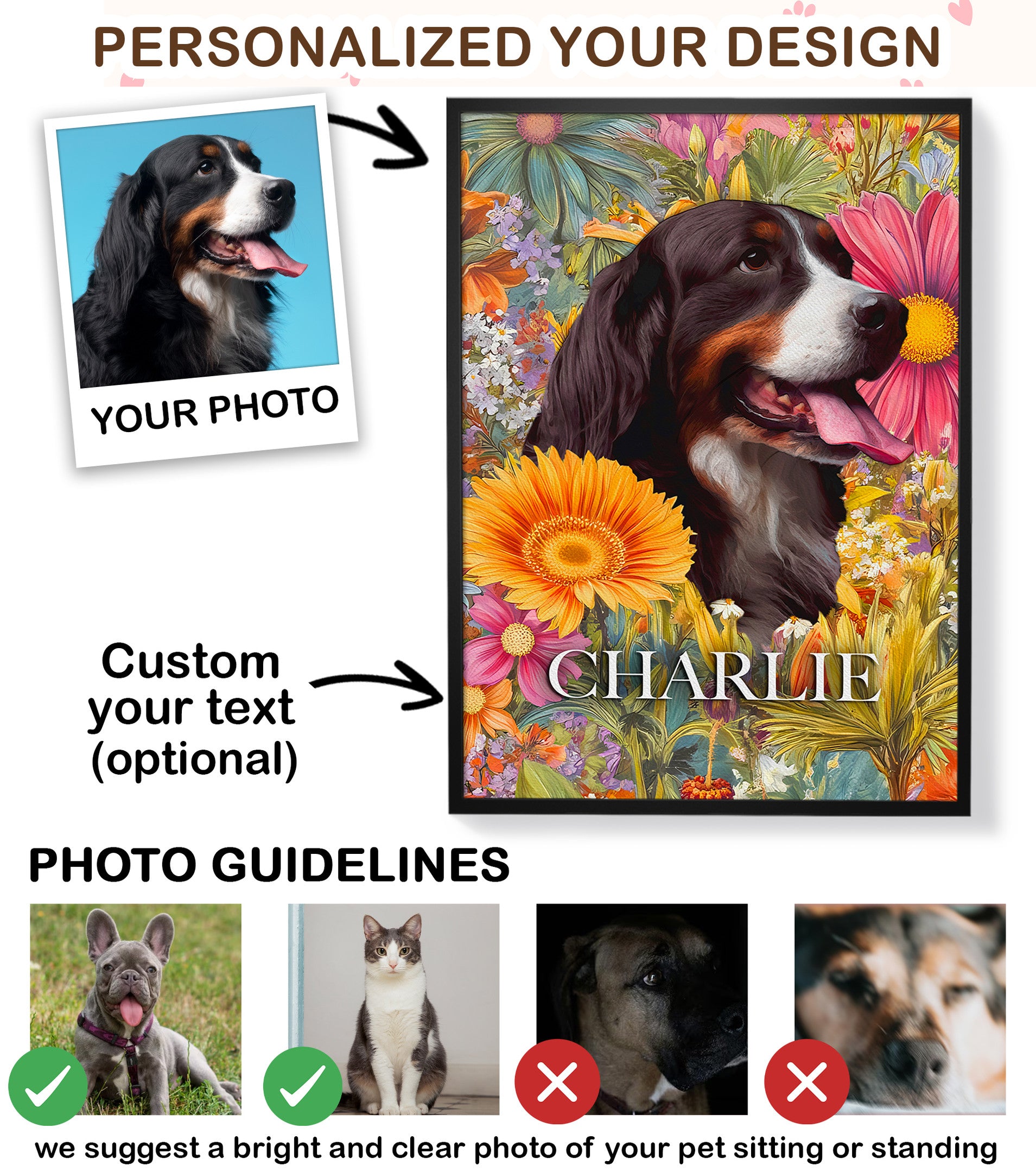 Personalized Floral Pet Portrait Canvas from Photo – Colorful Watercolor Dog Art for Home Decor