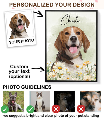 Custom Dog Portrait from Photo Daisy Wildflower with Name Canvas - Personalized Wall Art
