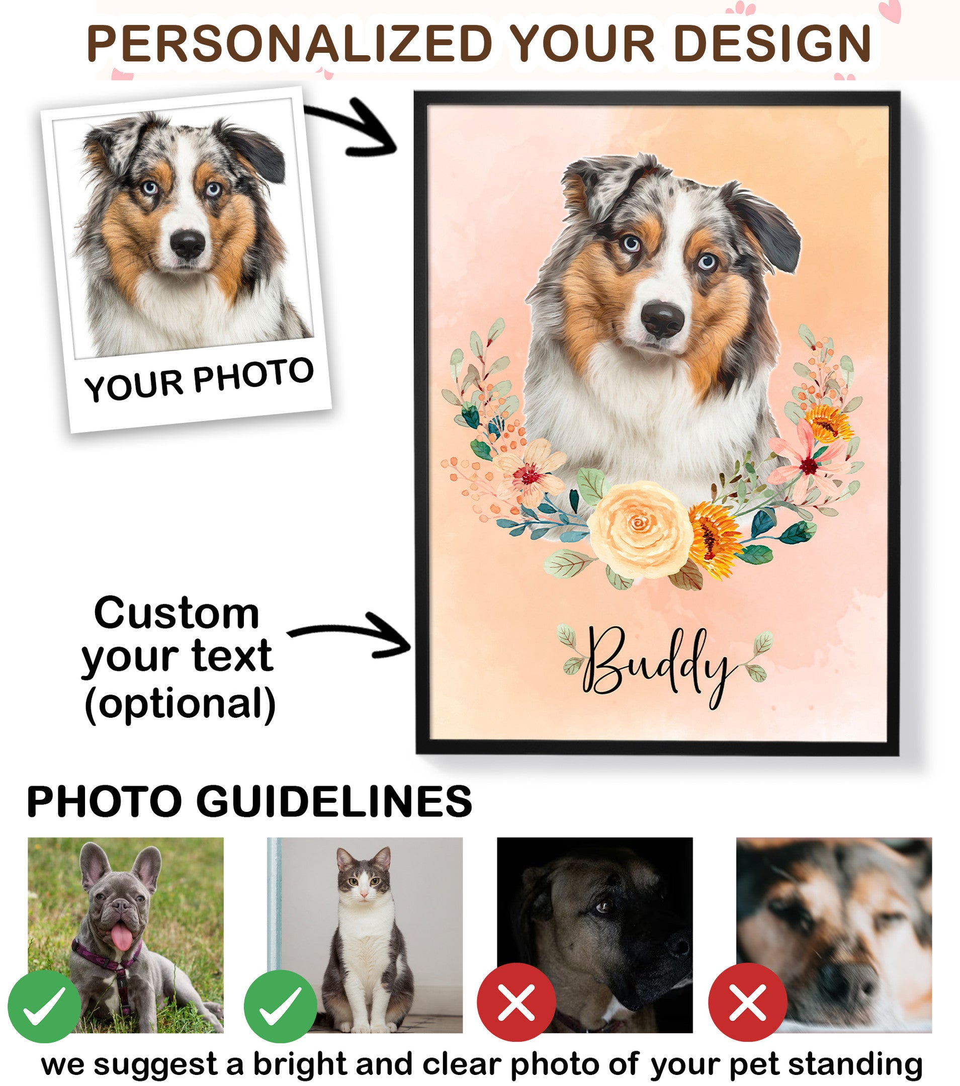 Personalized Floral Pet Portrait Canvas from Photo – Watercolor Dog Art for Dog Lovers