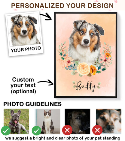 Custom Dog Portrait from Photo Floral Wreath with Name Canvas - Personalized Wall Art