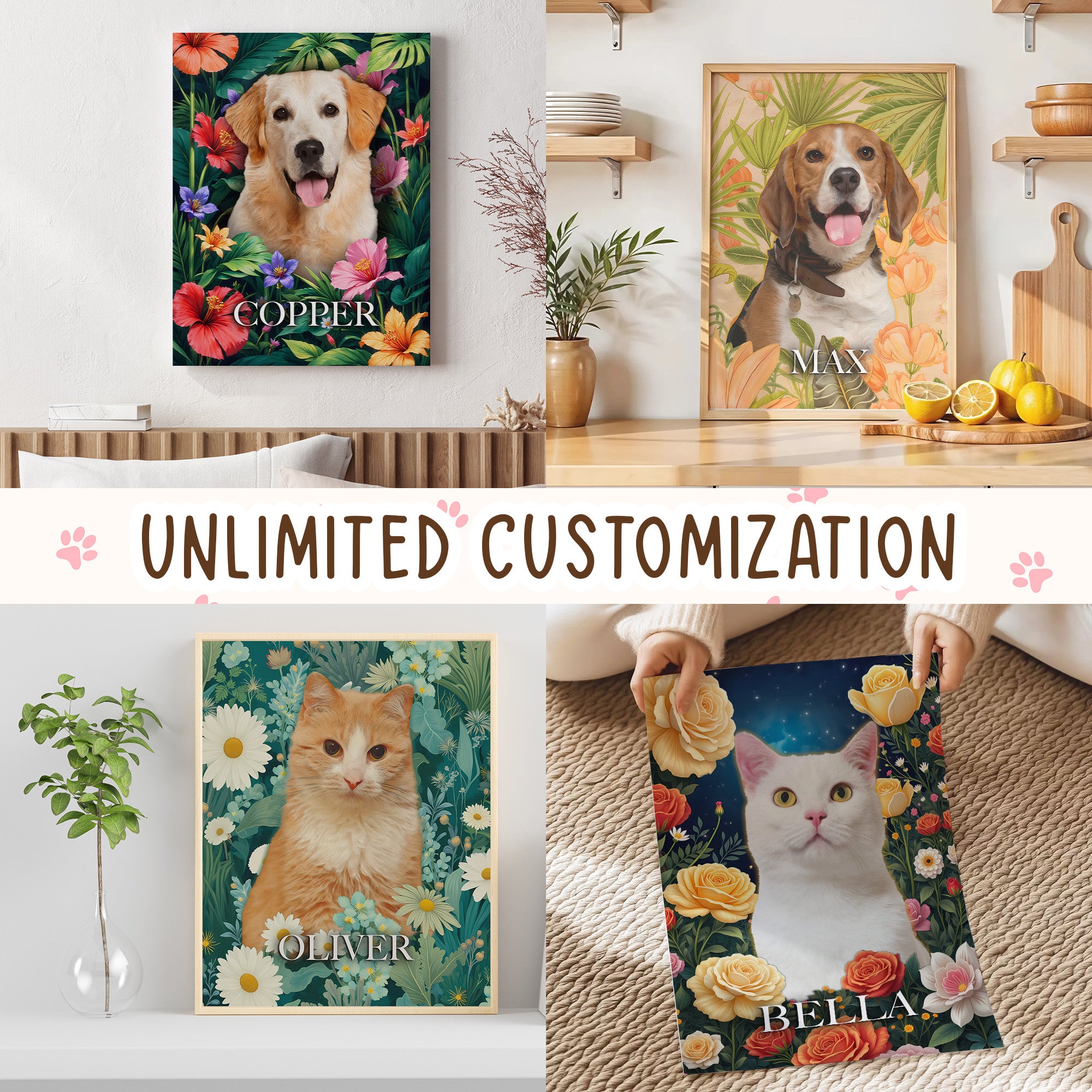 Personalized Floral Pet Portrait Canvas from Photo – Colorful Watercolor Dog Art for Home Decor
